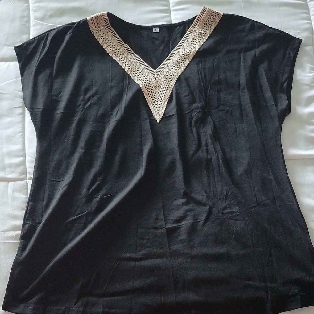 Black and Gold Embellished Boxy Blouse with Cap Sleeves